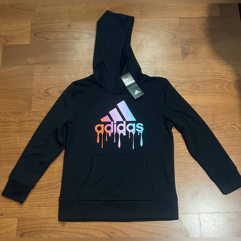 ADIDAS  Girls Black Multi color stripes pullover fleece hoodie